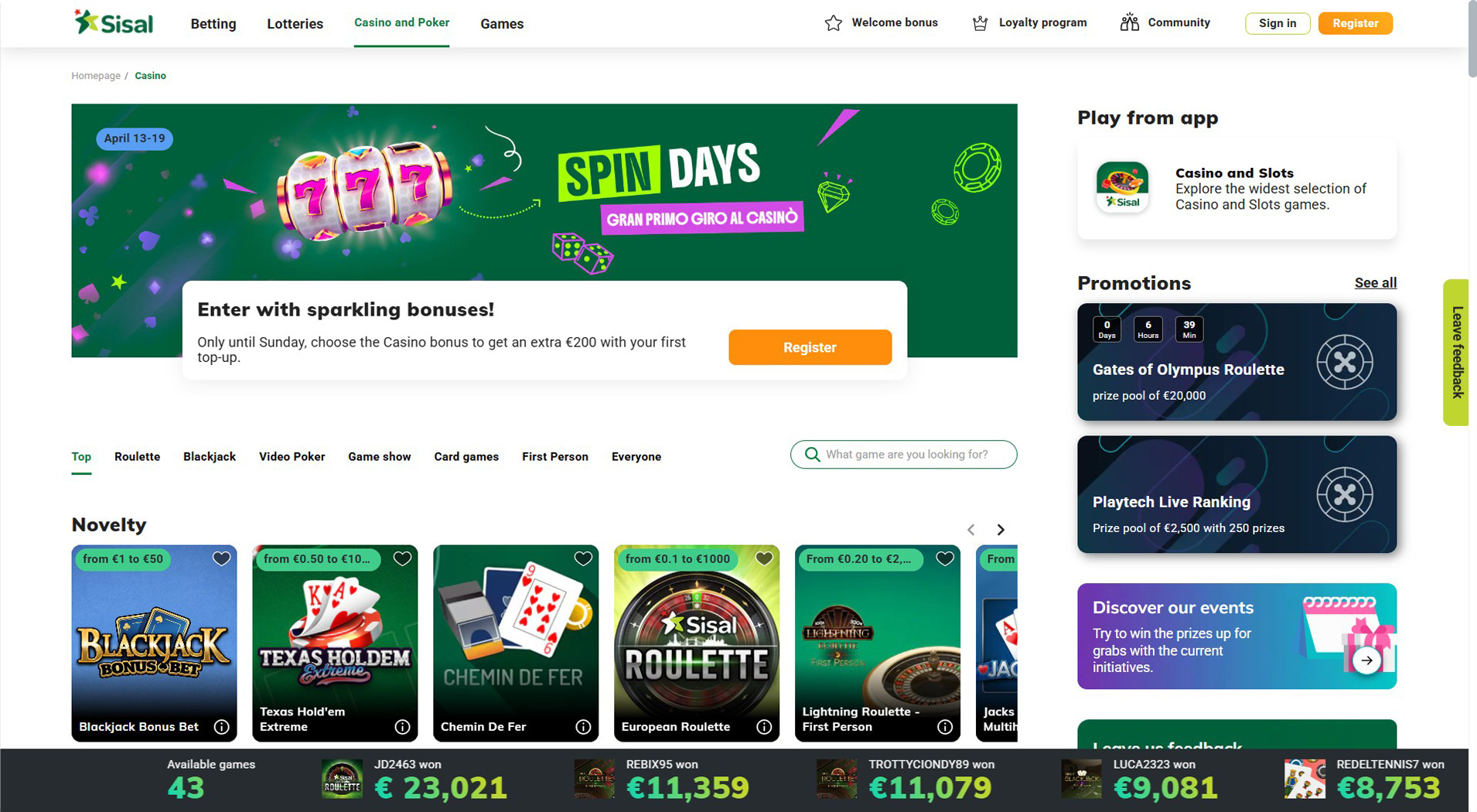 3. Sisal- Forte valore del casinò Cashlib
