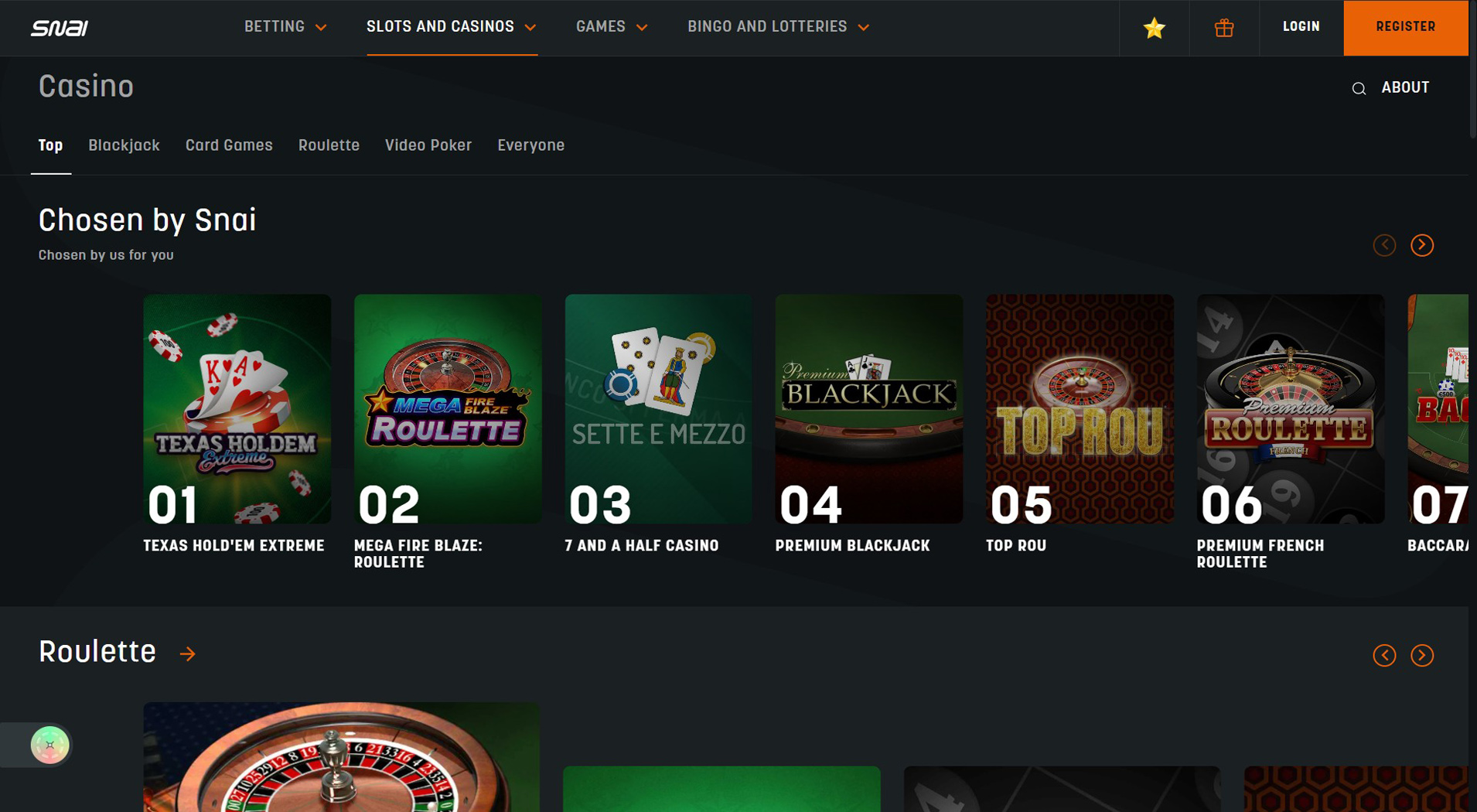 4. SNAI- Opzione casinò Cashlib affidabile
